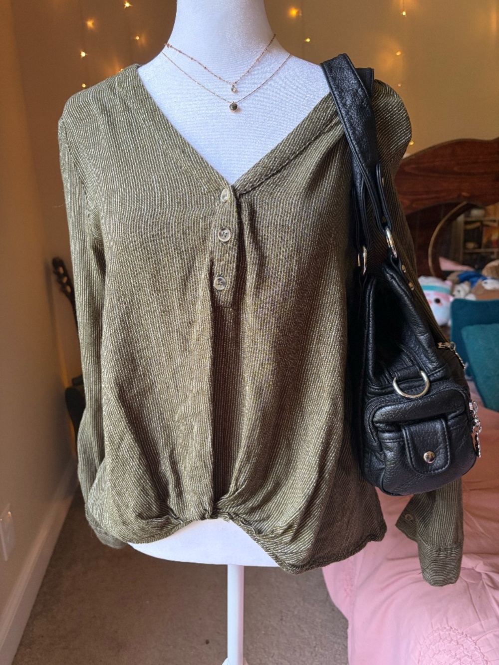 Gorgeous, earthy boho-style 100% rayon blouse! Olive pinstripe blouse